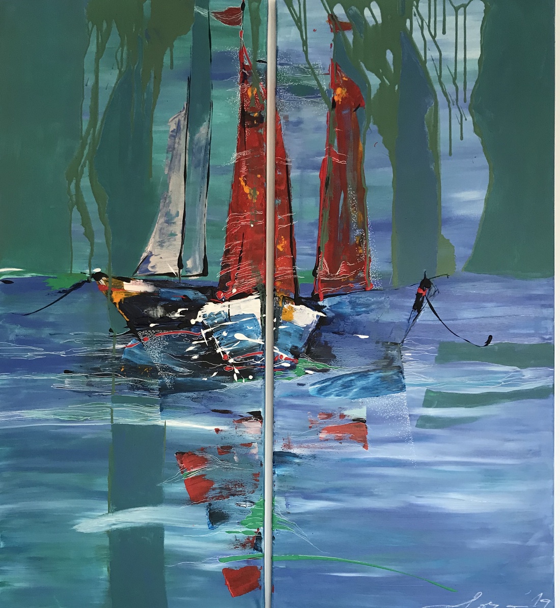 Tablou Boats � 120x120 cm, canvas, tehnica mixta � Dorothea Cailean - casă & stil de viață - decorațiuni de casă - decorațiuni de pereți - decorațiuni suspendate - Artynos.ro