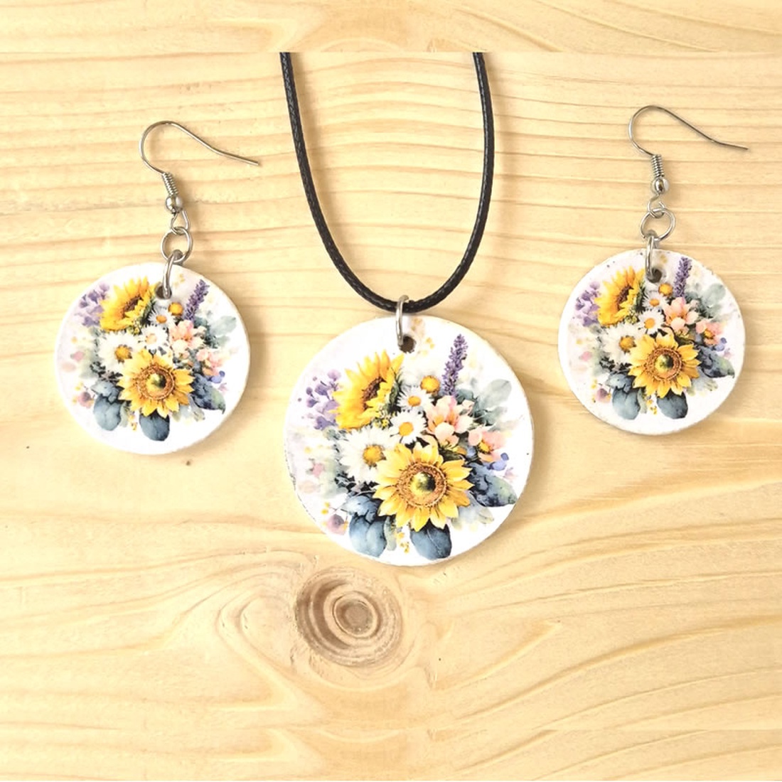 Set bijuterii din lemn cu model buchet flori 134427 - bijuterii - seturi de bijuterii - Artynos.ro