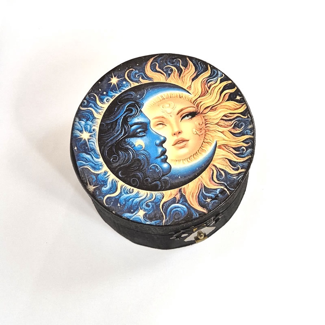 Cutie rotundă din lemn cu luna si soare 124547 - bijuterii - suporturi și cutii de bijuterii - cutii de bijuterii - Artynos.ro