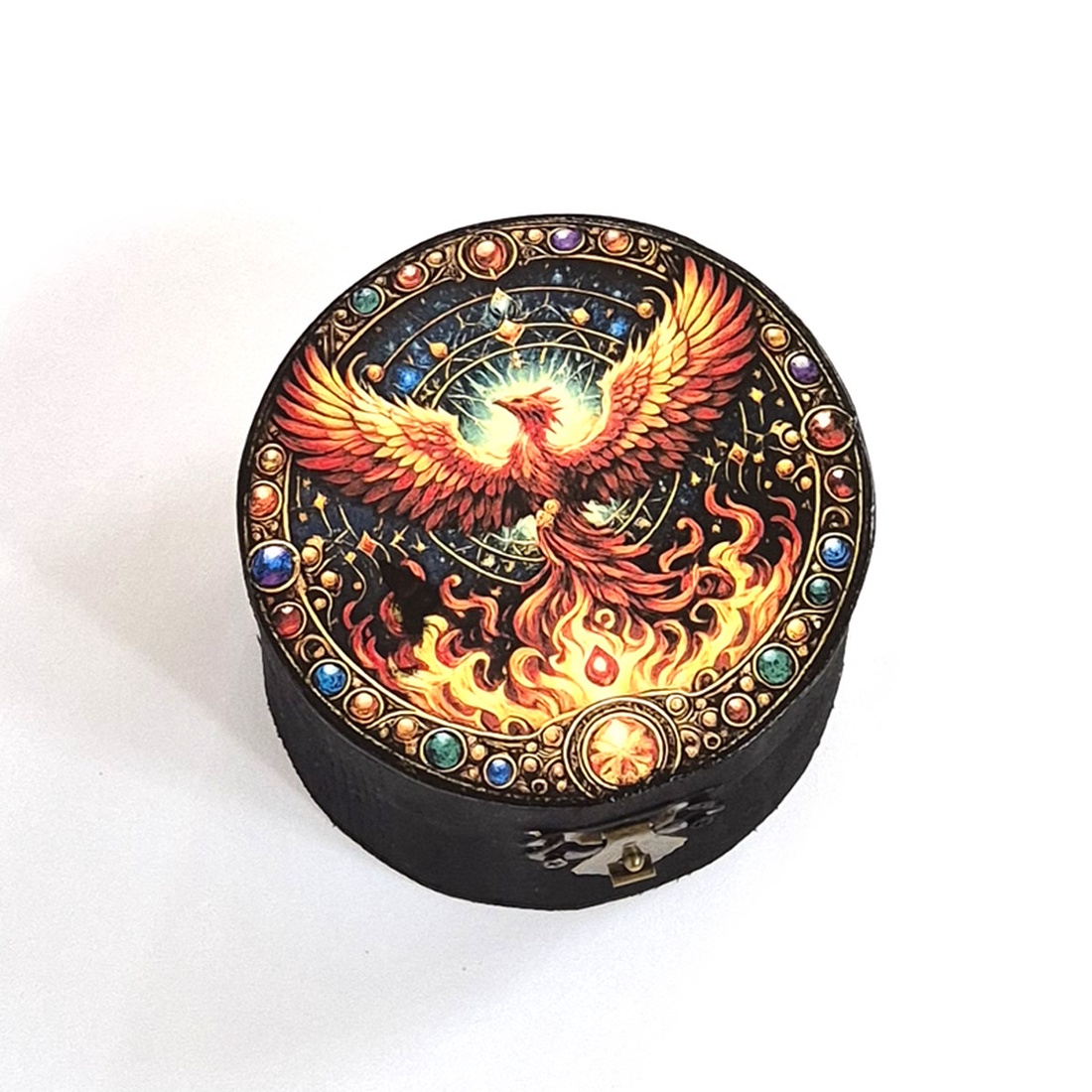 Cutie rotundă din lemn cu pasarea Phoenix 124723 - bijuterii - suporturi și cutii de bijuterii - cutii de bijuterii - Artynos.ro