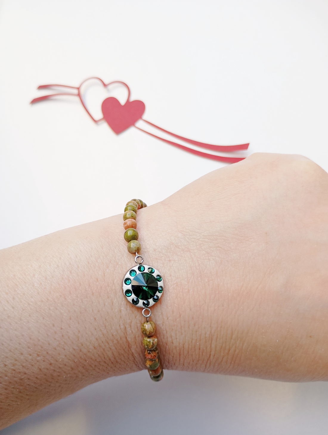 Bratara cu Unakite 5mm si cristale Swarovski Smarald - bijuterii - brățări - brățări din pietre semiprețioase - Artynos.ro