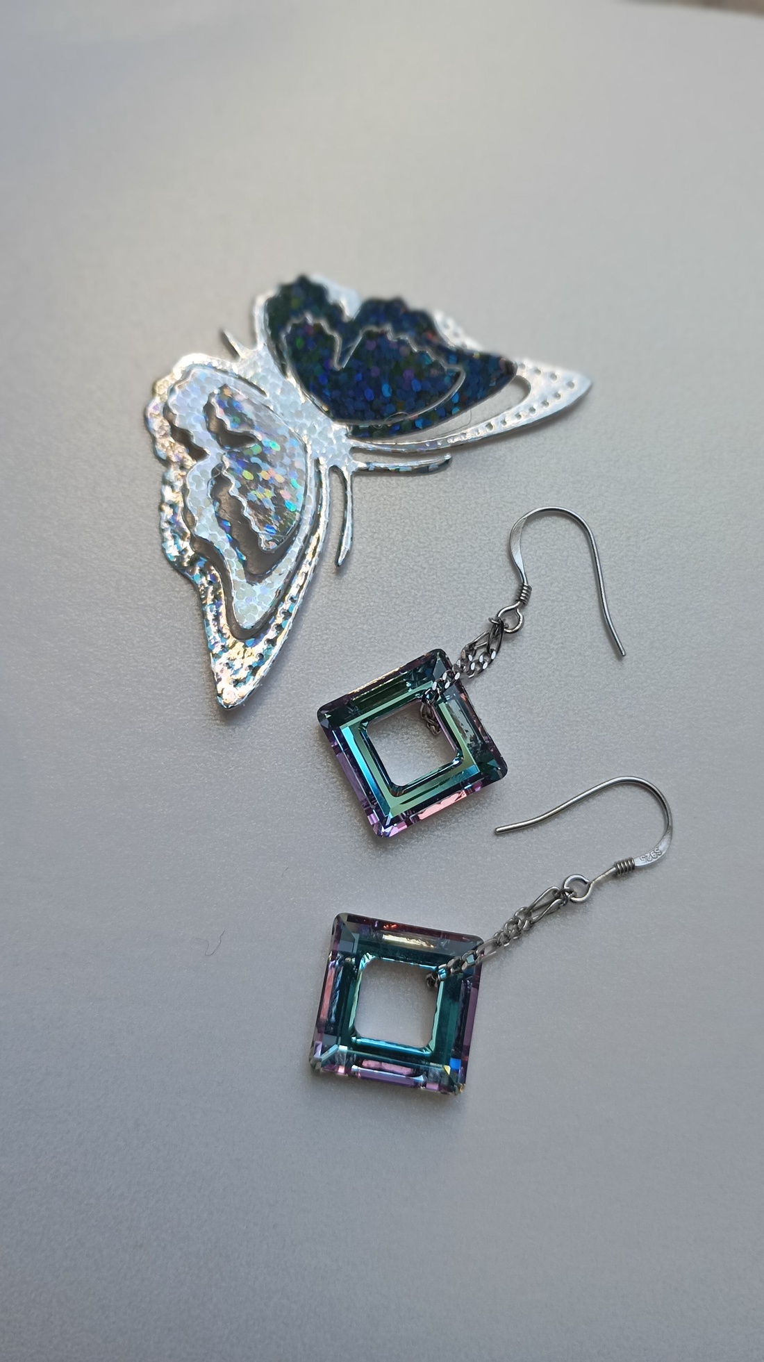 Cercei din argint si Swarovski Square Ring Vitrail Light - bijuterii - cercei - cercei din argint - Artynos.ro