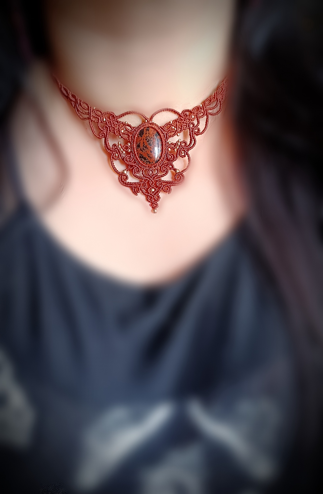 Colier maro macrame cristal obsidian - bijuterii - coliere - colier y - Artynos.ro Colier maro macrame cristal obsidian - bijuterii - coliere - colier y - Artynos.ro