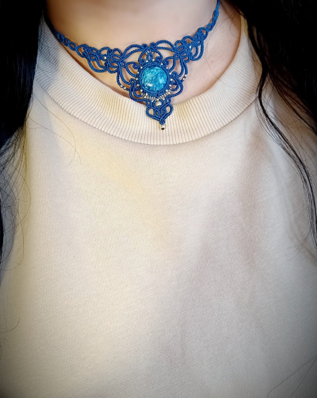 Colier Albastru Micromacrame  cu Jasp Imperial  - bijuterii - coliere - coliere din pietre semiprețioase - Artynos.ro