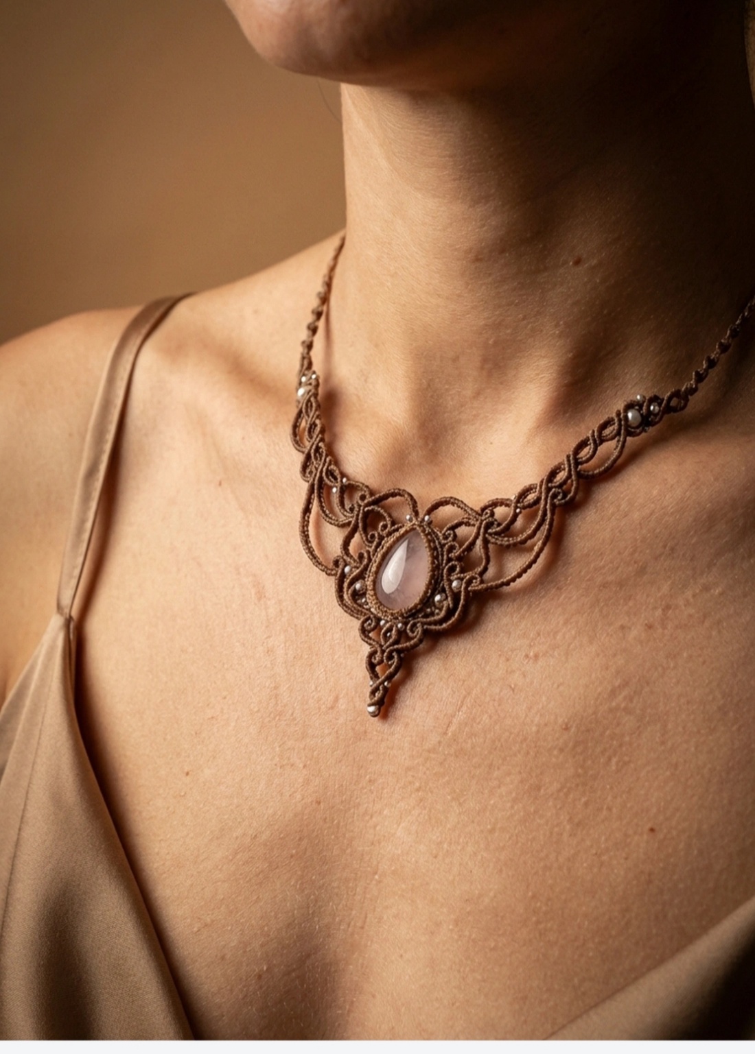 Colier Princess Delicat Micromacrame Cu Cuart Roz  - bijuterii - coliere - coliere din pietre semiprețioase - Artynos.ro