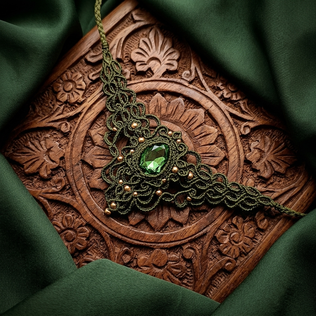 Colier Micromacrame Medieval Verde Cu Swarovski  - bijuterii - coliere - chockere - Artynos.ro