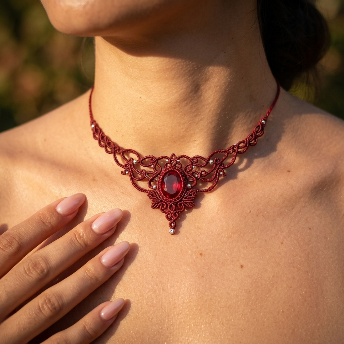 Colier Micromacrame Vintage Princess Burgundy - bijuterii - coliere - chockere - Artynos.ro