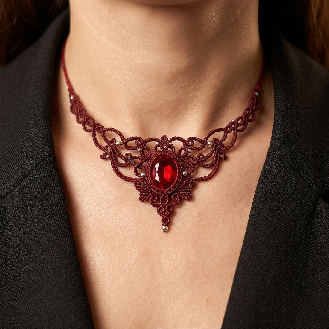 Colier Micromacrame Vintage Princess Burgundy - bijuterii - coliere - chockere - Artynos.ro