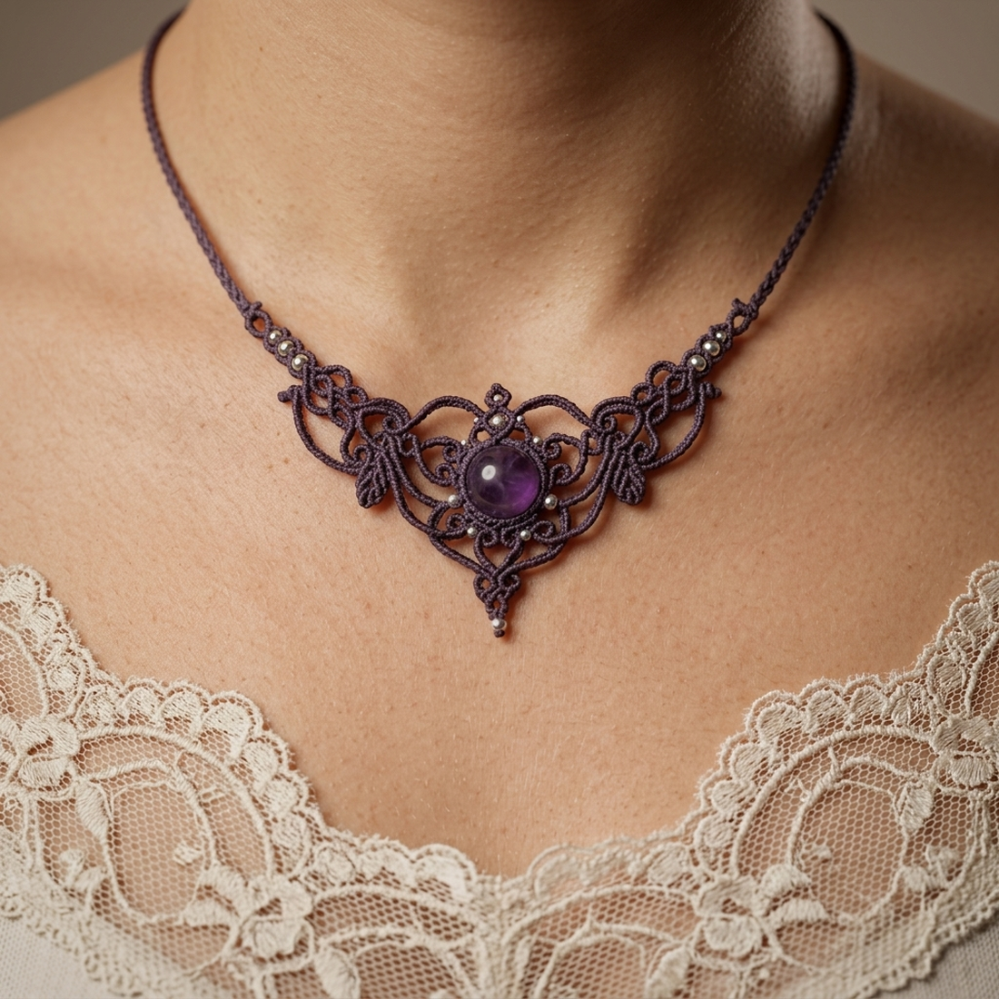 Colier Delicat Frunze Micromacrame Cu Ametist - bijuterii - coliere - chockere - Artynos.ro