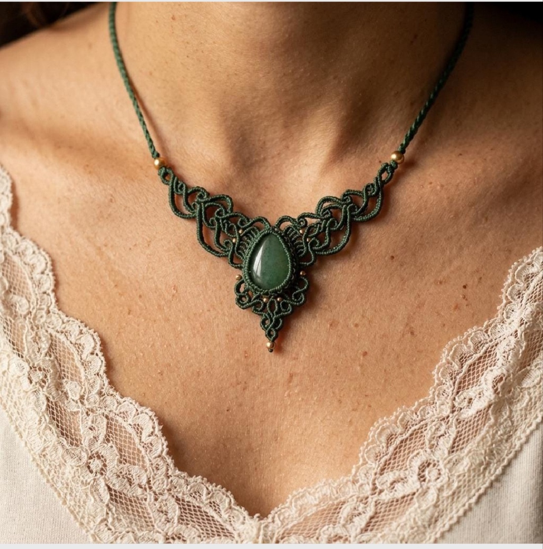 Colier Verde Mini Micromacrame Vintage Princess Aventurin - bijuterii - coliere - chockere - Artynos.ro