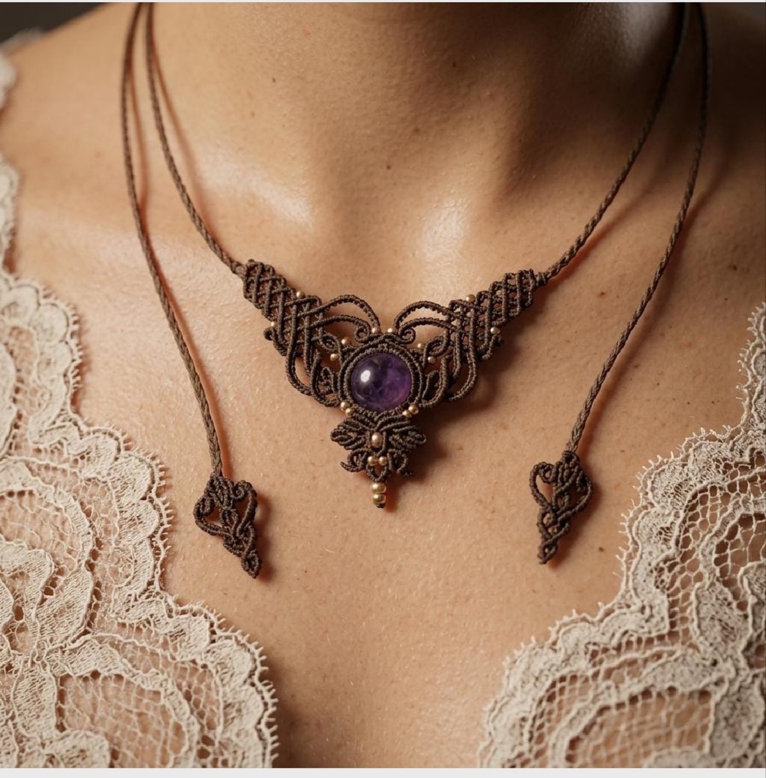 Colier Minimalist Micromacrame Medieval Ametist - bijuterii - coliere - chockere - Artynos.ro
