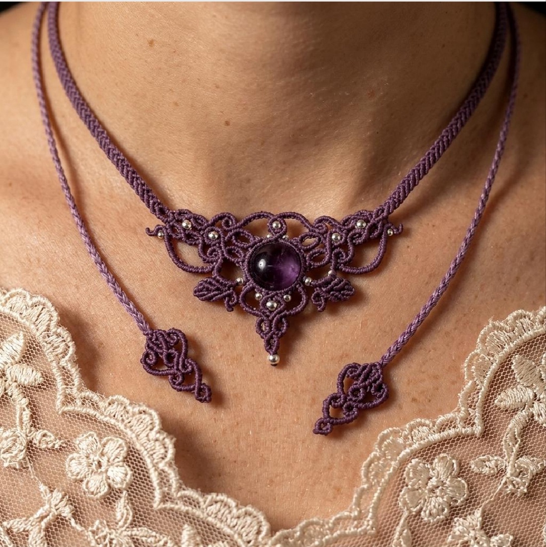 Colier Choker Minimalist Micromacrame Bohemian Ametist - bijuterii - coliere - chockere - Artynos.ro