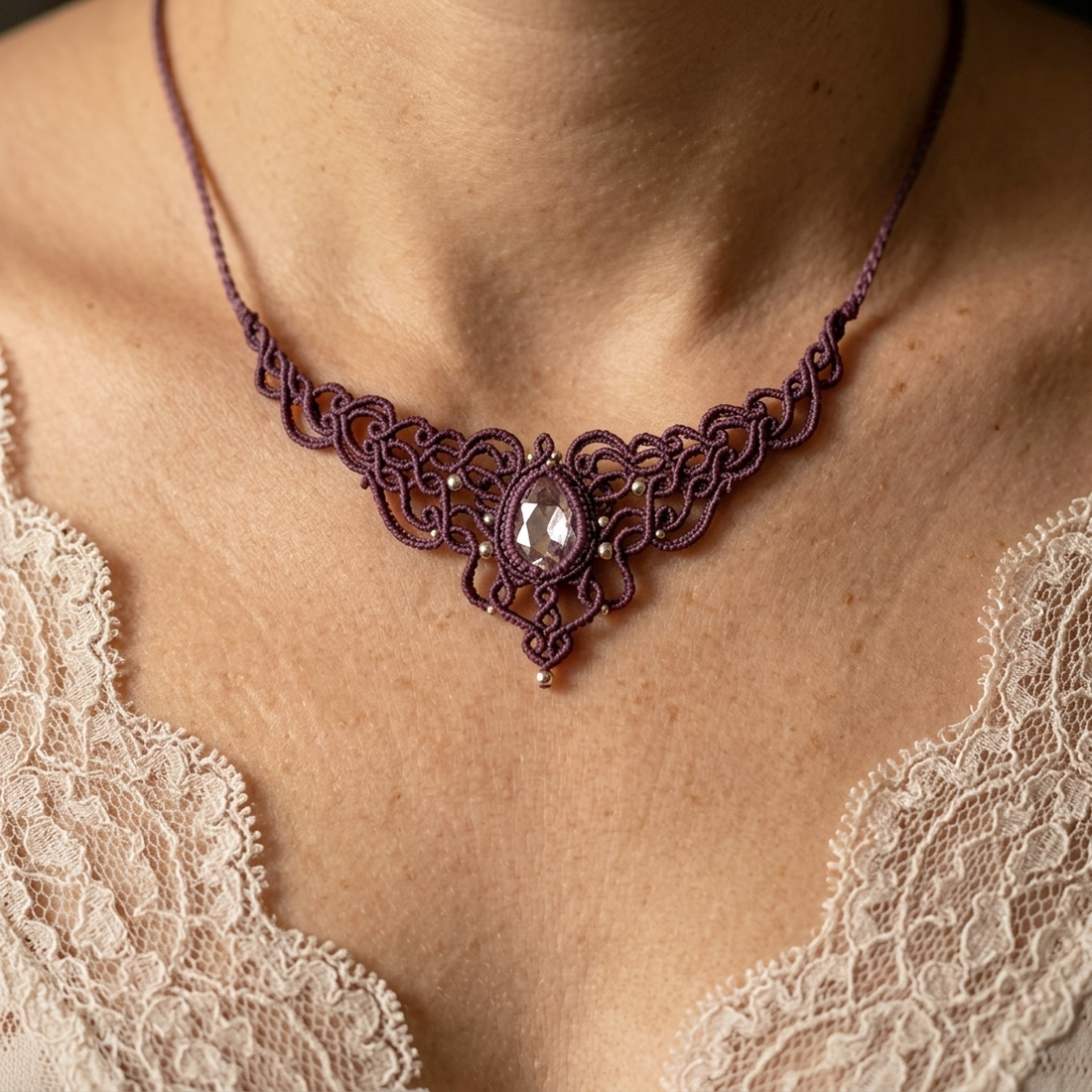 Colier Mov Elegant Micromacrame Cu Cristal Swarovski  - bijuterii - coliere - chockere - Artynos.ro