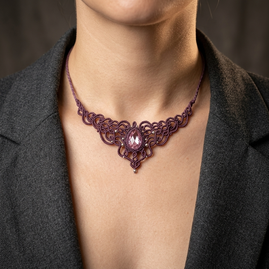 Colier Mov Elegant Micromacrame Cu Cristal Swarovski  - bijuterii - coliere - chockere - Artynos.ro