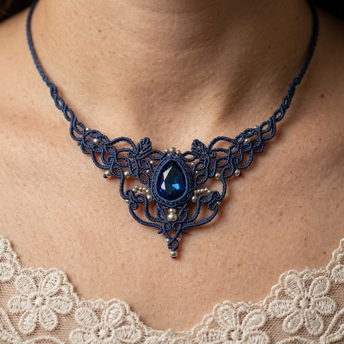 Colier Albastru Regal Elegant Micromacrame Cu Cristal Swarovski  - bijuterii - coliere - chockere - Artynos.ro