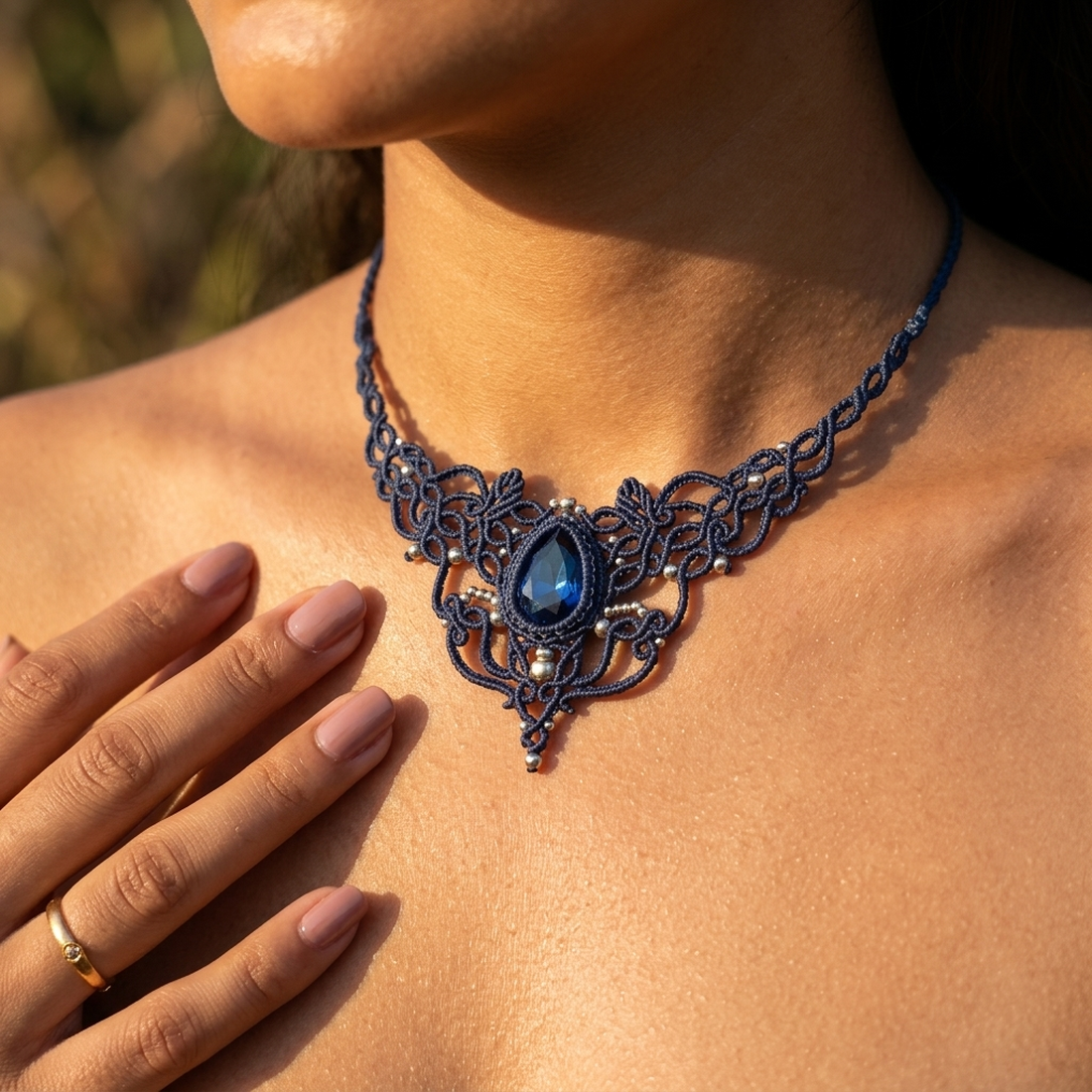 Colier Albastru Regal Elegant Micromacrame Cu Cristal Swarovski  - bijuterii - coliere - chockere - Artynos.ro