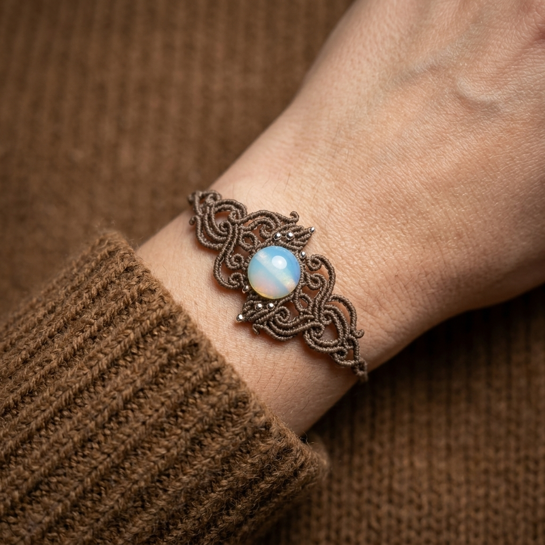 Brățară Frunze Micromacrame Cu Opal   - bijuterii - brățări - brățări din pietre semiprețioase - Artynos.ro