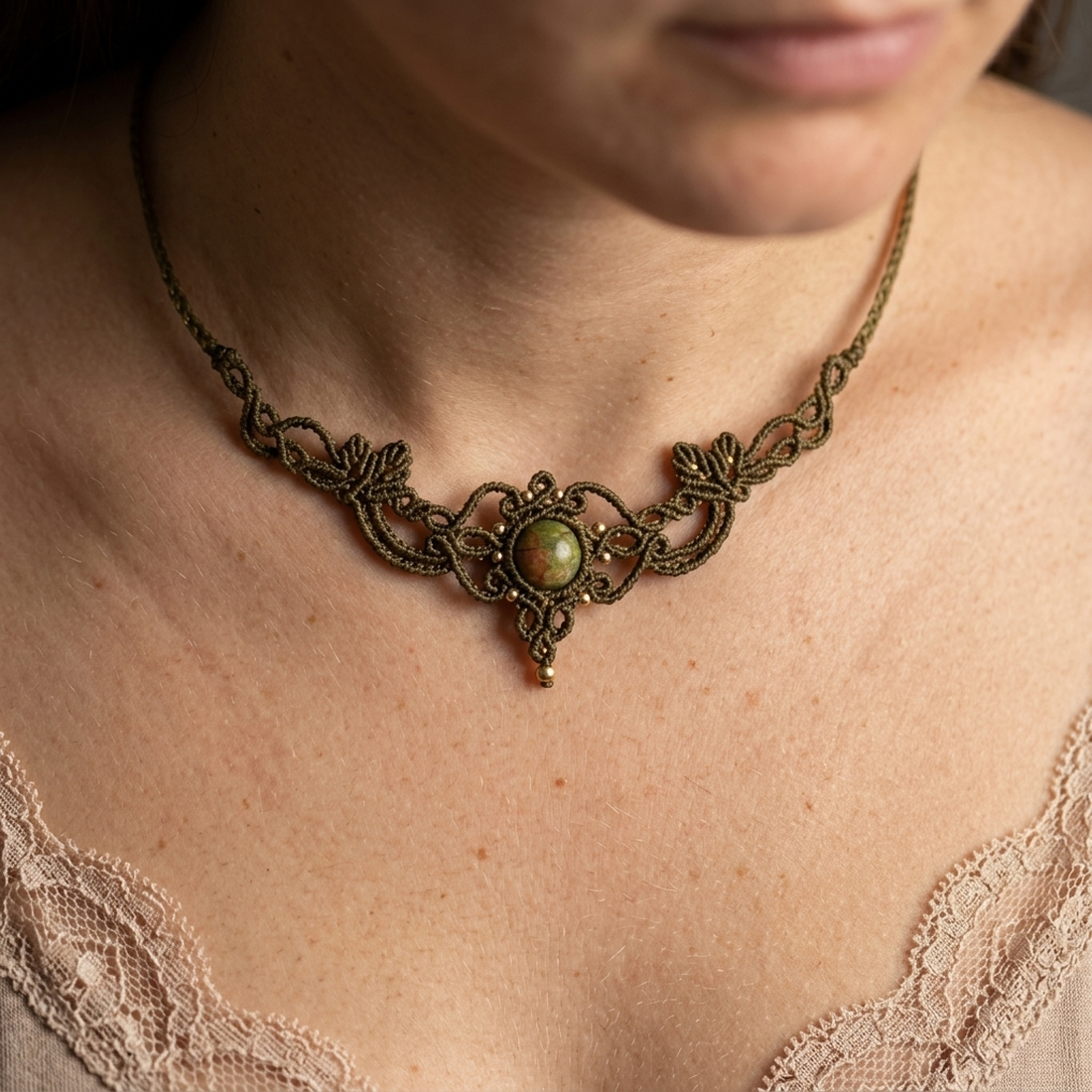 Choker Delicat Bronz Micromacrame Cu Unakite - bijuterii - coliere - chockere - Artynos.ro