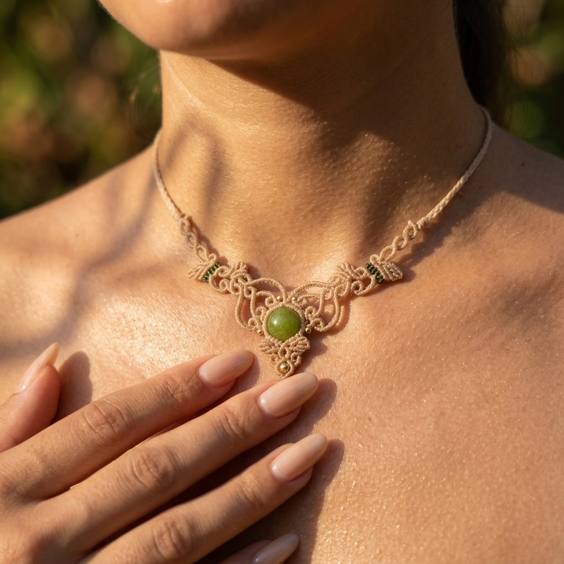 Choker Minimalist Frunze Micromacrame Cu Peridot  - bijuterii - coliere - chockere - Artynos.ro