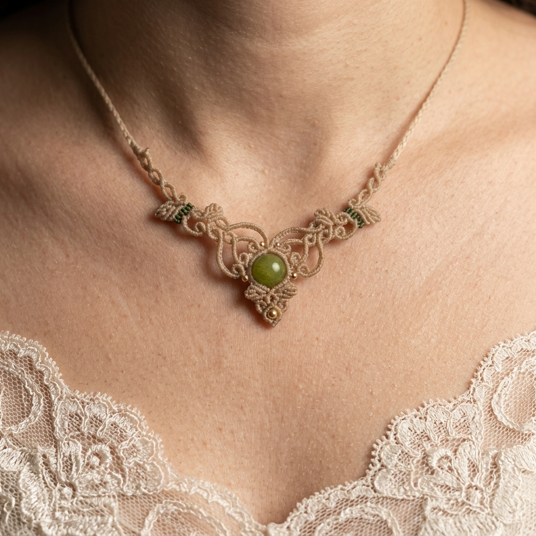 Choker Minimalist Frunze Micromacrame Cu Peridot  - bijuterii - coliere - chockere - Artynos.ro