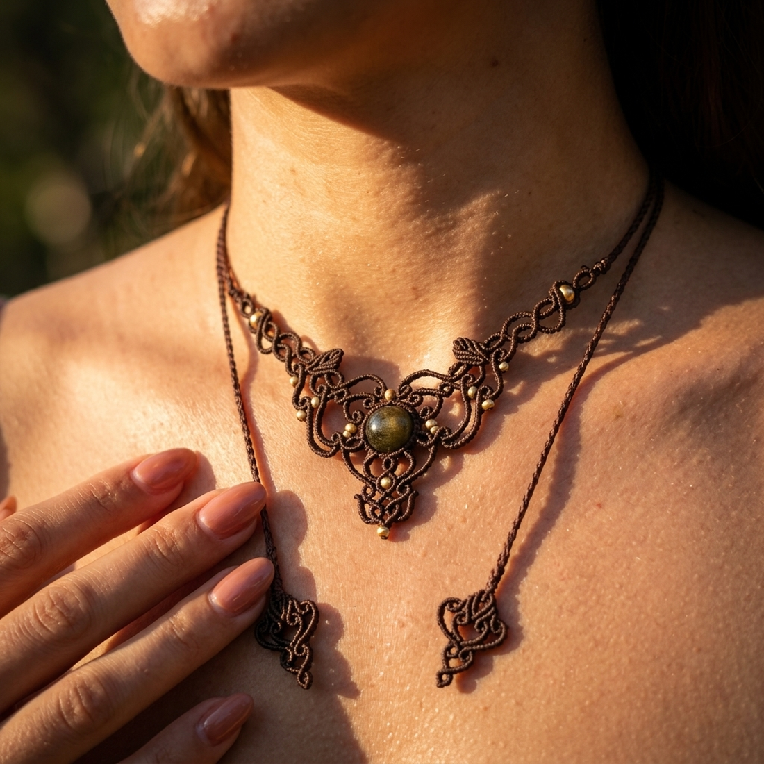 Colier Frunze Micromacrame Cu Obsidian Auriu  - bijuterii - coliere - chockere - Artynos.ro