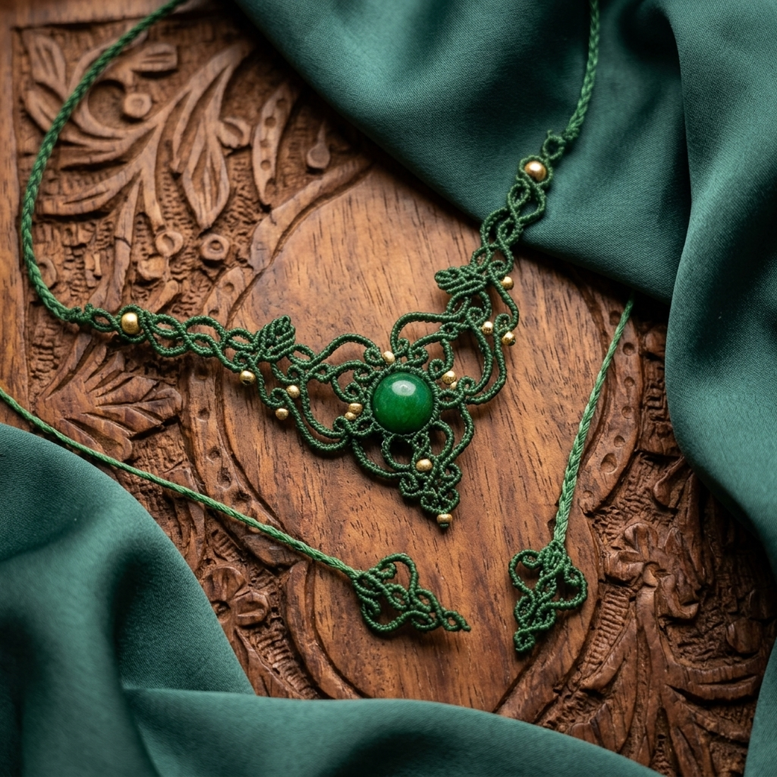 Colier Frunze Micromacrame Cu Jad Verde - bijuterii - coliere - chockere - Artynos.ro