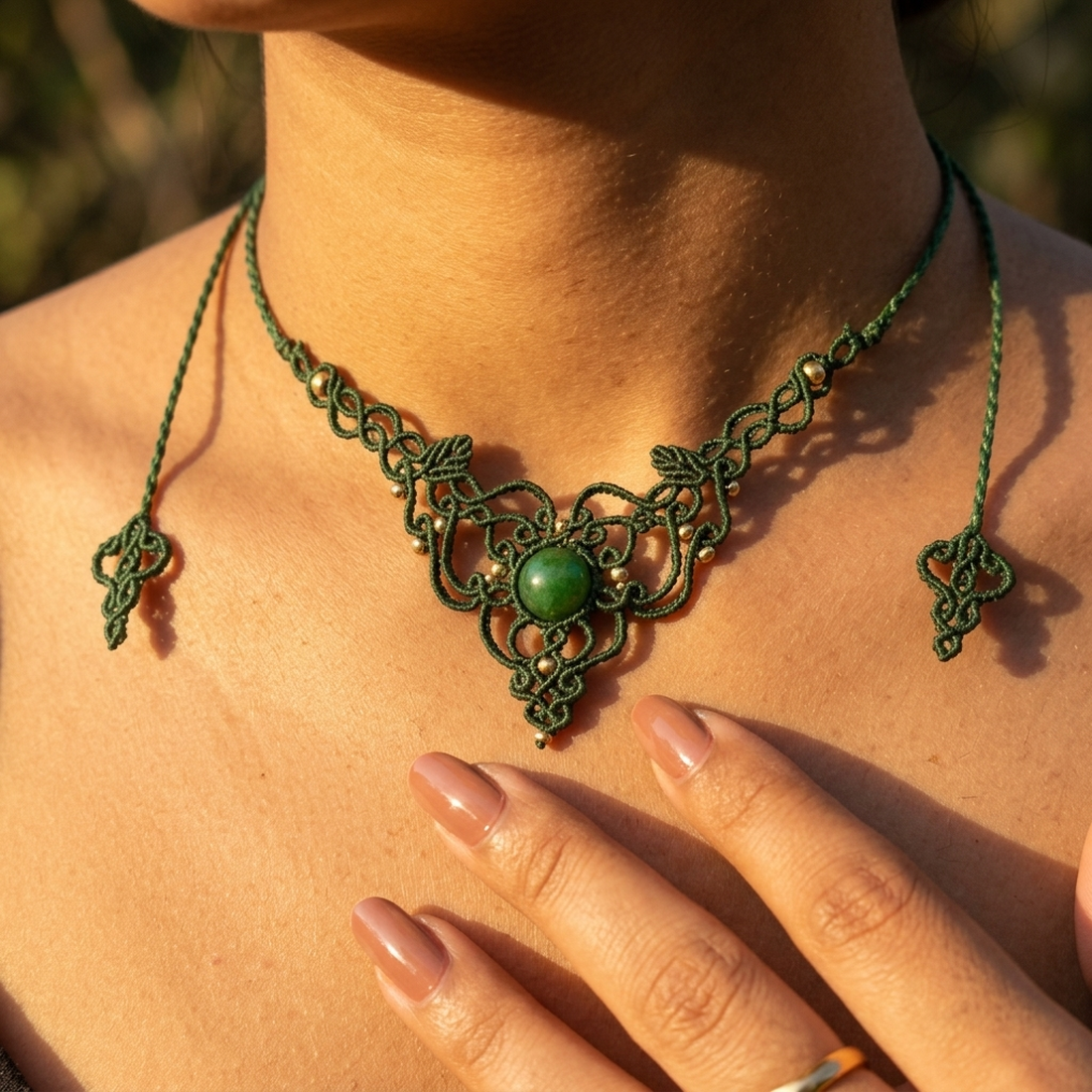 Colier Frunze Micromacrame Cu Jad Verde - bijuterii - coliere - chockere - Artynos.ro