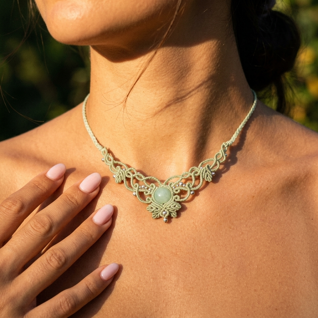 Colier Mini Choker Frunze Micromacrame Cu Jad - bijuterii - coliere - chockere - Artynos.ro