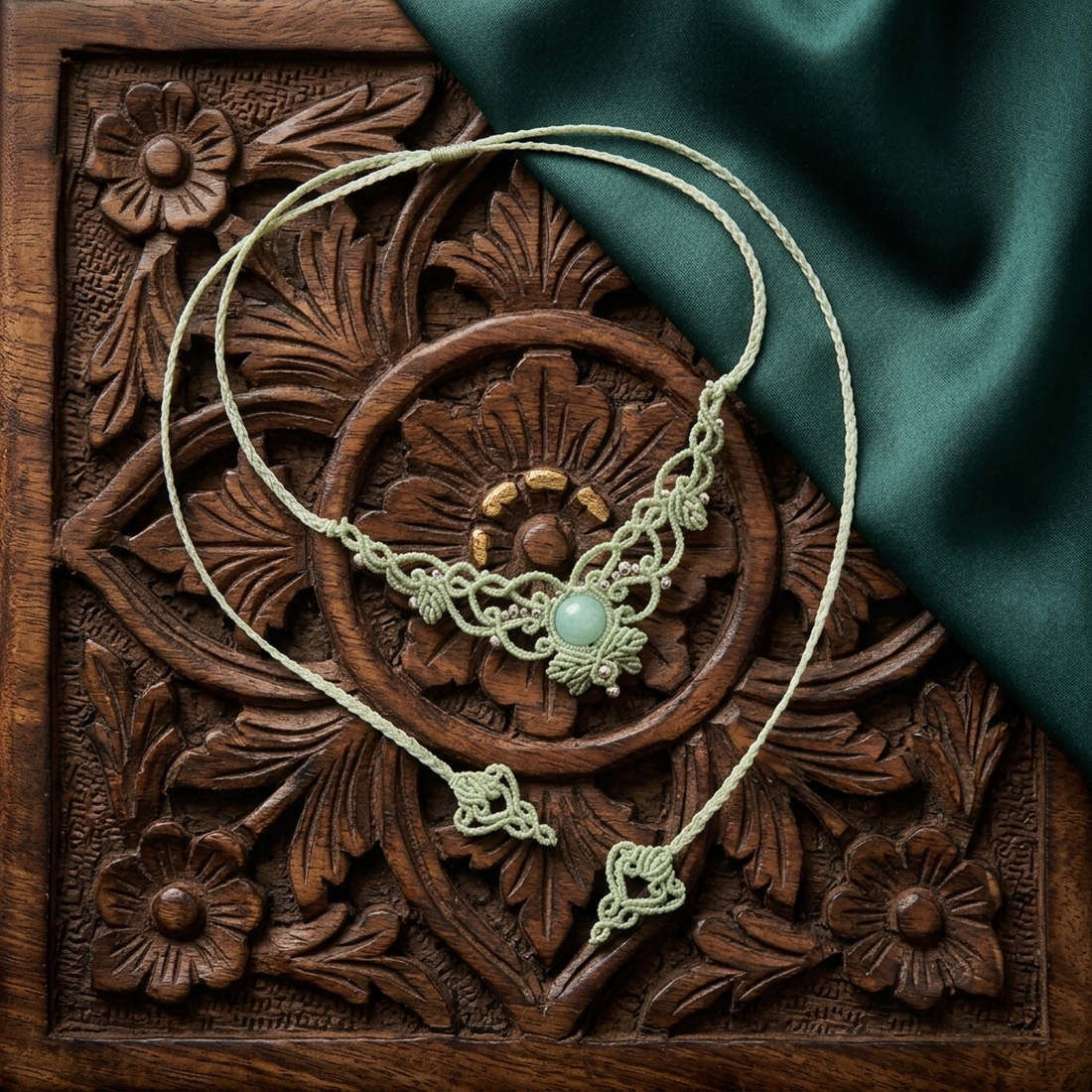 Colier Mini Choker Frunze Micromacrame Cu Jad - bijuterii - coliere - chockere - Artynos.ro