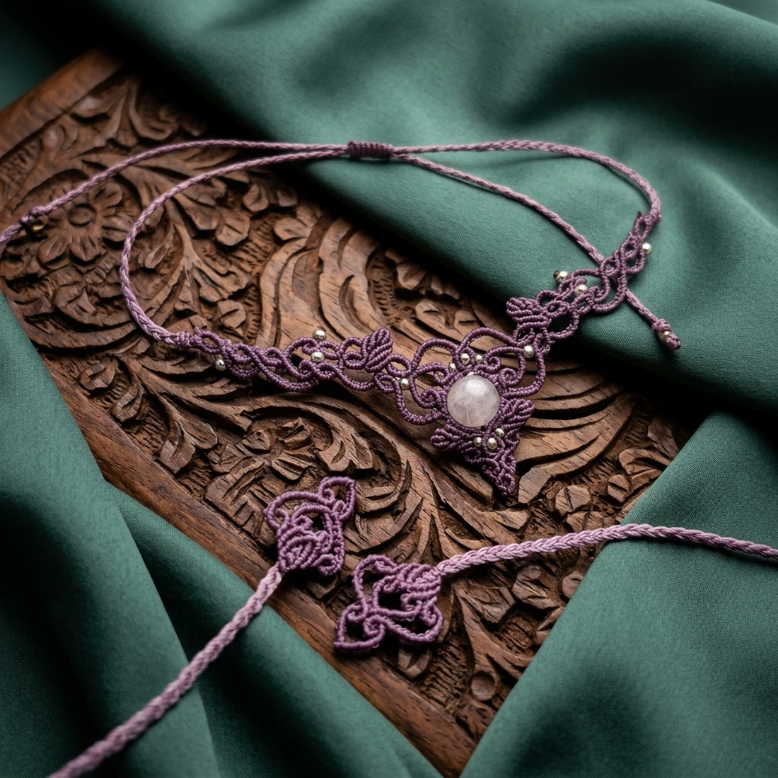 Choker Mov Lila Frunze Micromacrame Cu Piatra Lunii - bijuterii - coliere - chockere - Artynos.ro
