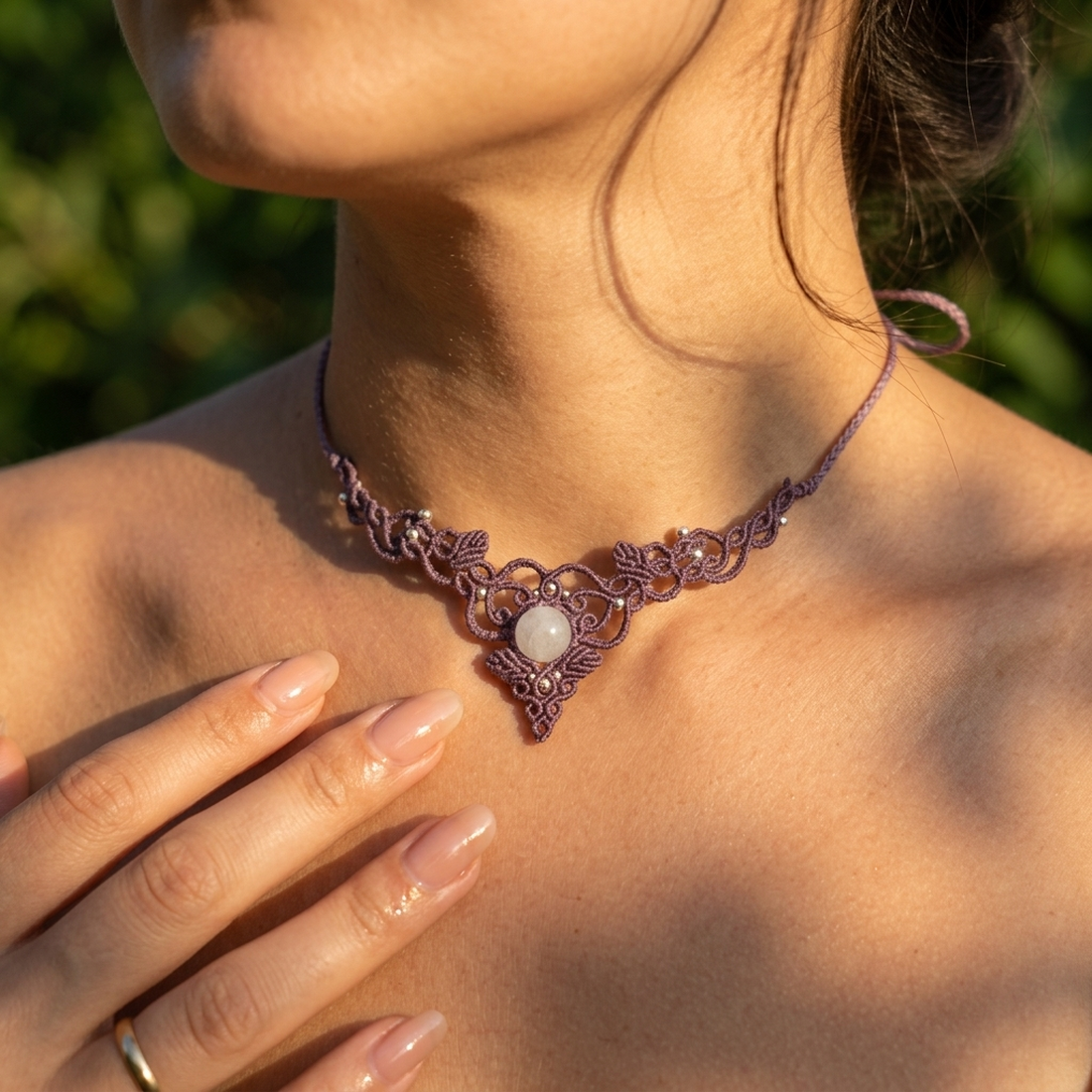 Choker Mov Lila Frunze Micromacrame Cu Piatra Lunii - bijuterii - coliere - chockere - Artynos.ro