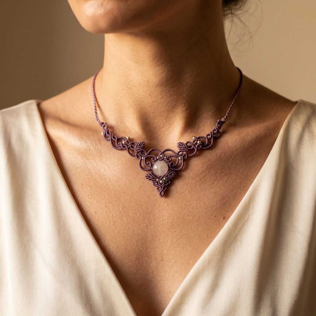 Choker Mov Lila Frunze Micromacrame Cu Piatra Lunii - bijuterii - coliere - chockere - Artynos.ro
