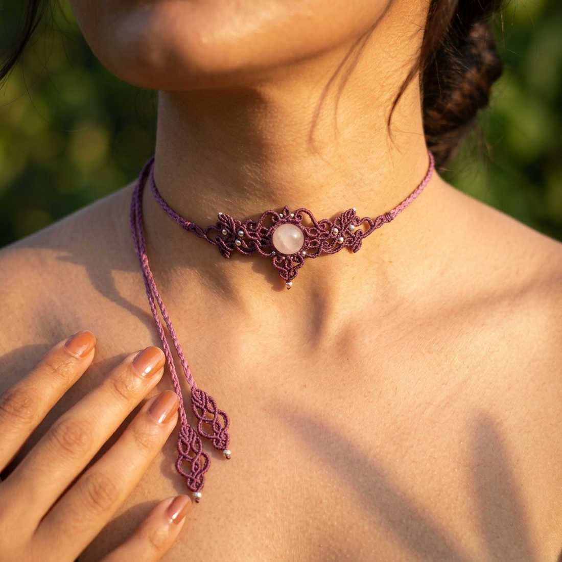 Choker Delicat Frunze Micromacrame Cu Cuart Roz - bijuterii - coliere - chockere - Artynos.ro