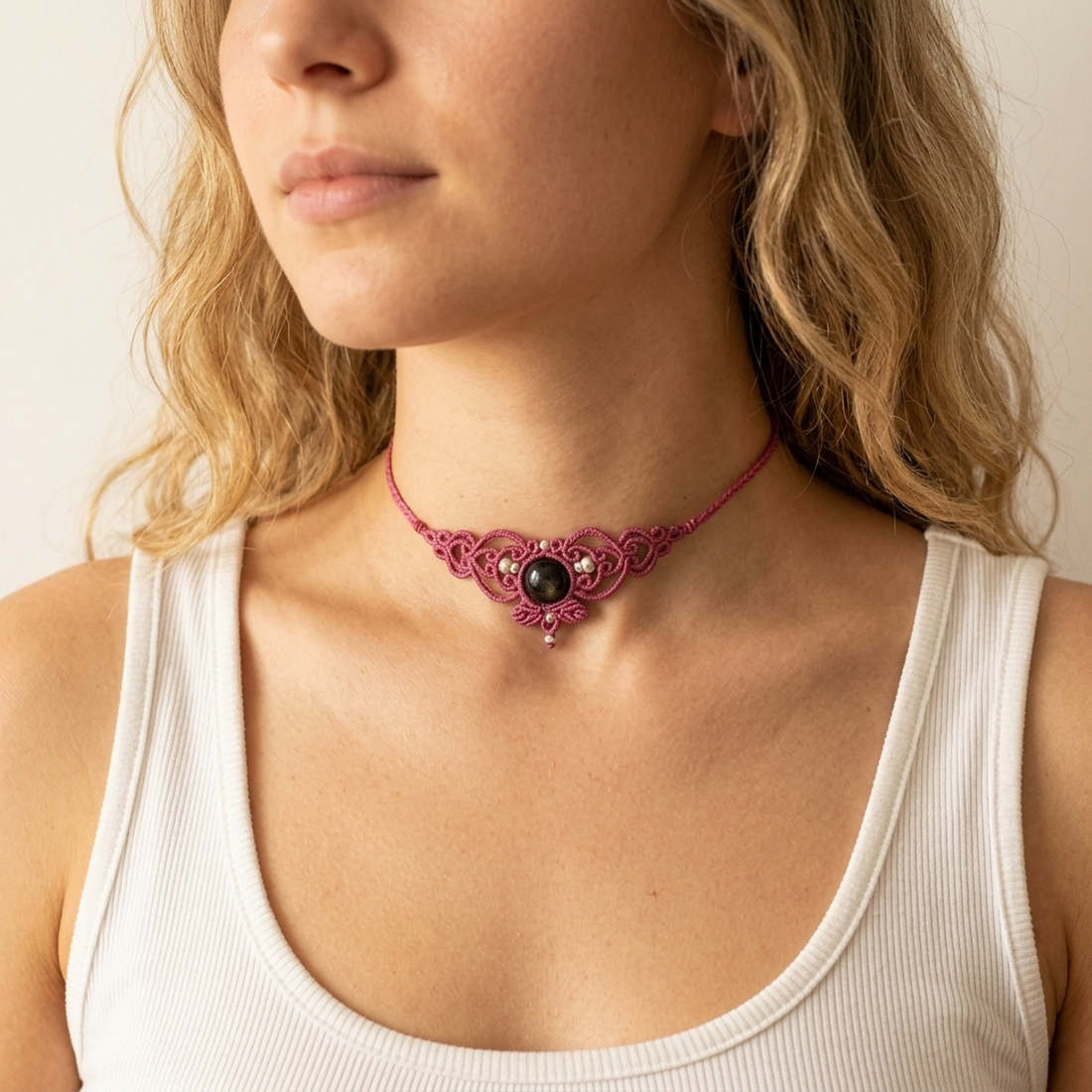 Colier macrame choker roz cu obsidian   - bijuterii - coliere - chockere - Artynos.ro