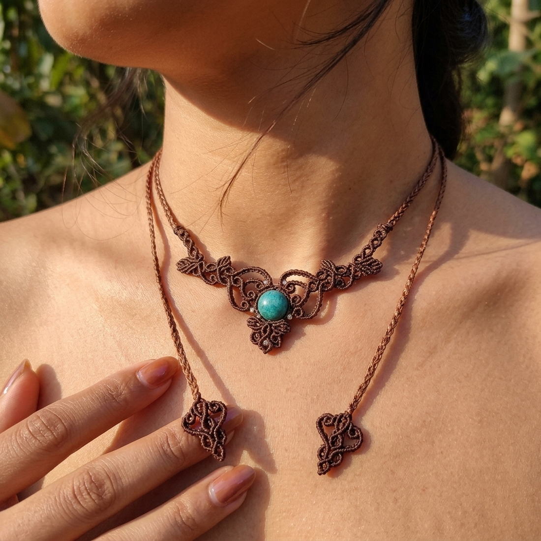 Colier macrame choker minimalist cu acvamarin  - bijuterii - coliere - chockere - Artynos.ro