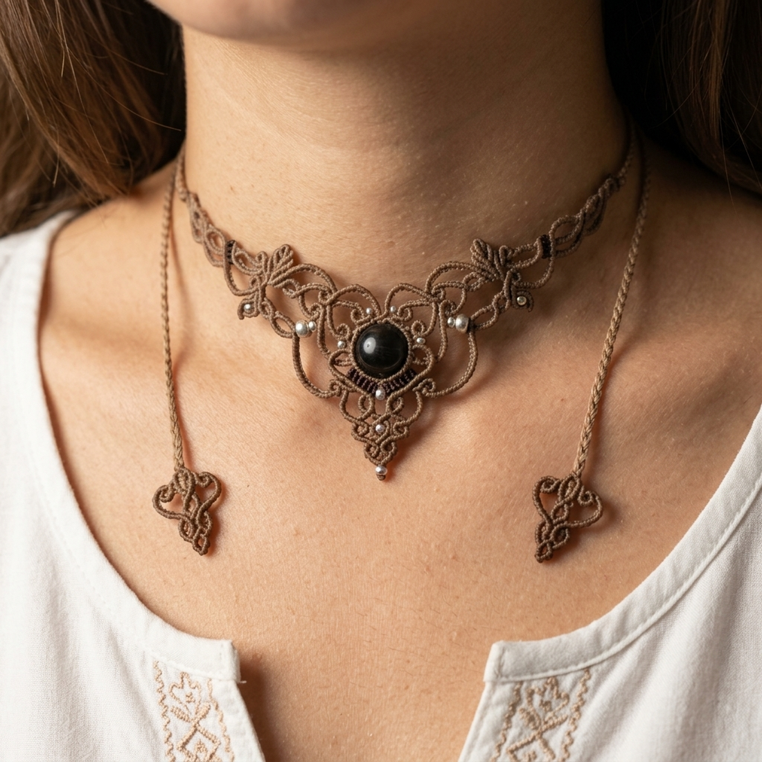 Colier Frunze Micromacrame Cu Obsidian Negru - bijuterii - coliere - chockere - Artynos.ro