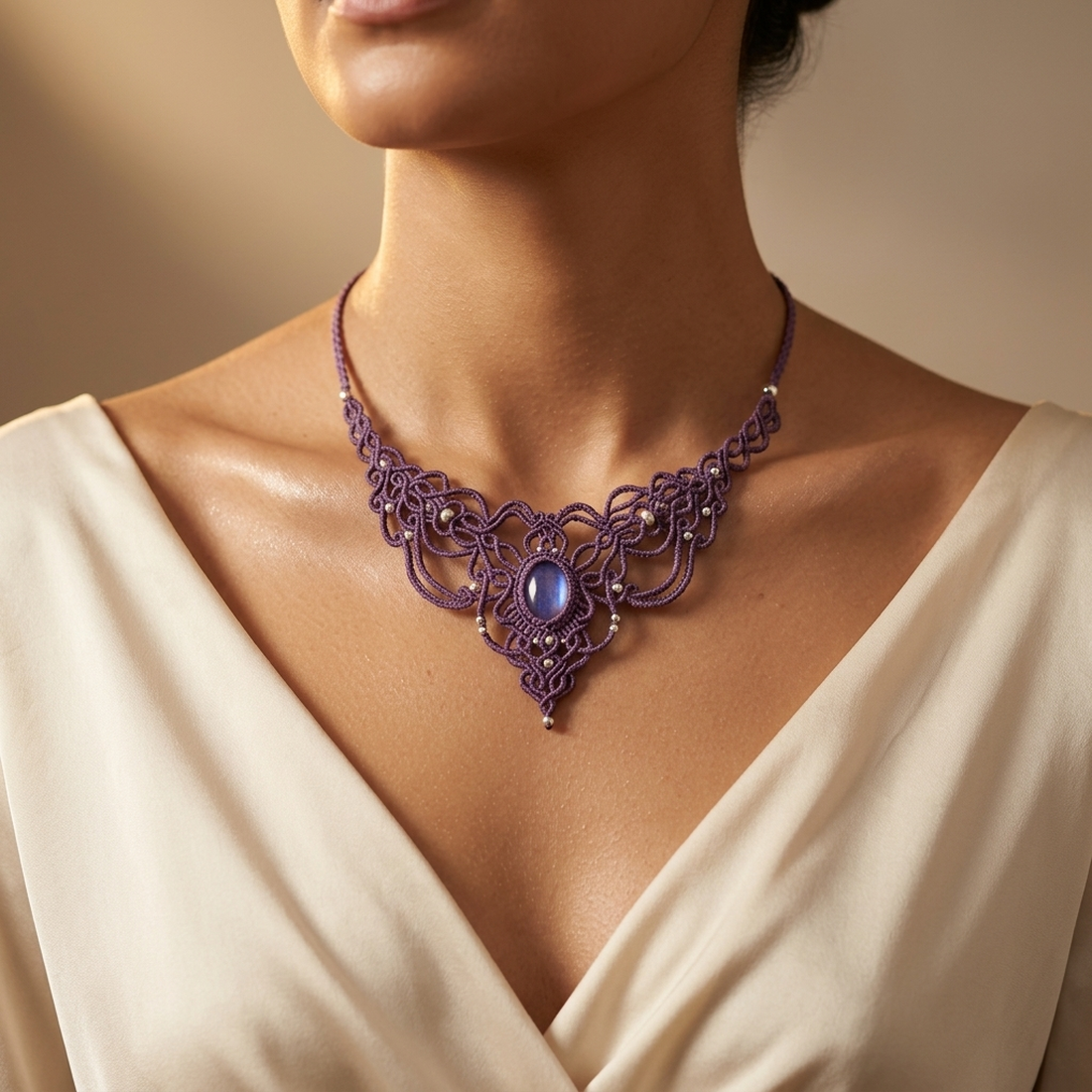 Colier Lilac Victorian Micromacrame Cu Cristal Swarovski  - bijuterii - coliere - chockere - Artynos.ro