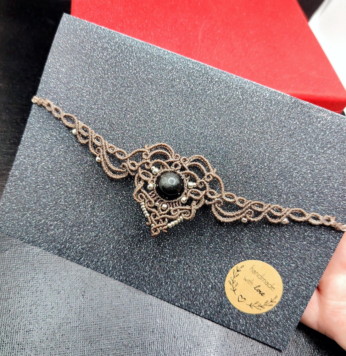 Colier Choker Elegant Micromacrame Cu Cristal Obsidian  - bijuterii - coliere - chockere - Artynos.ro