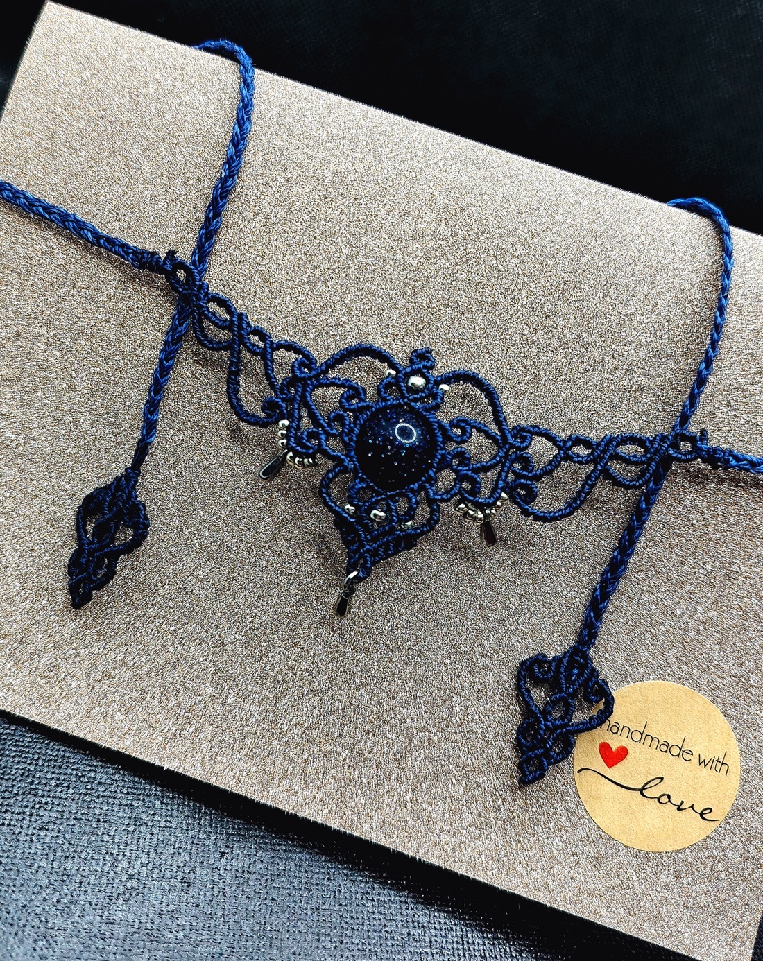 Colier Choker Albastru Delicat Micromacrame Cu Piatra Soarelui  - bijuterii - coliere - chockere - Artynos.ro