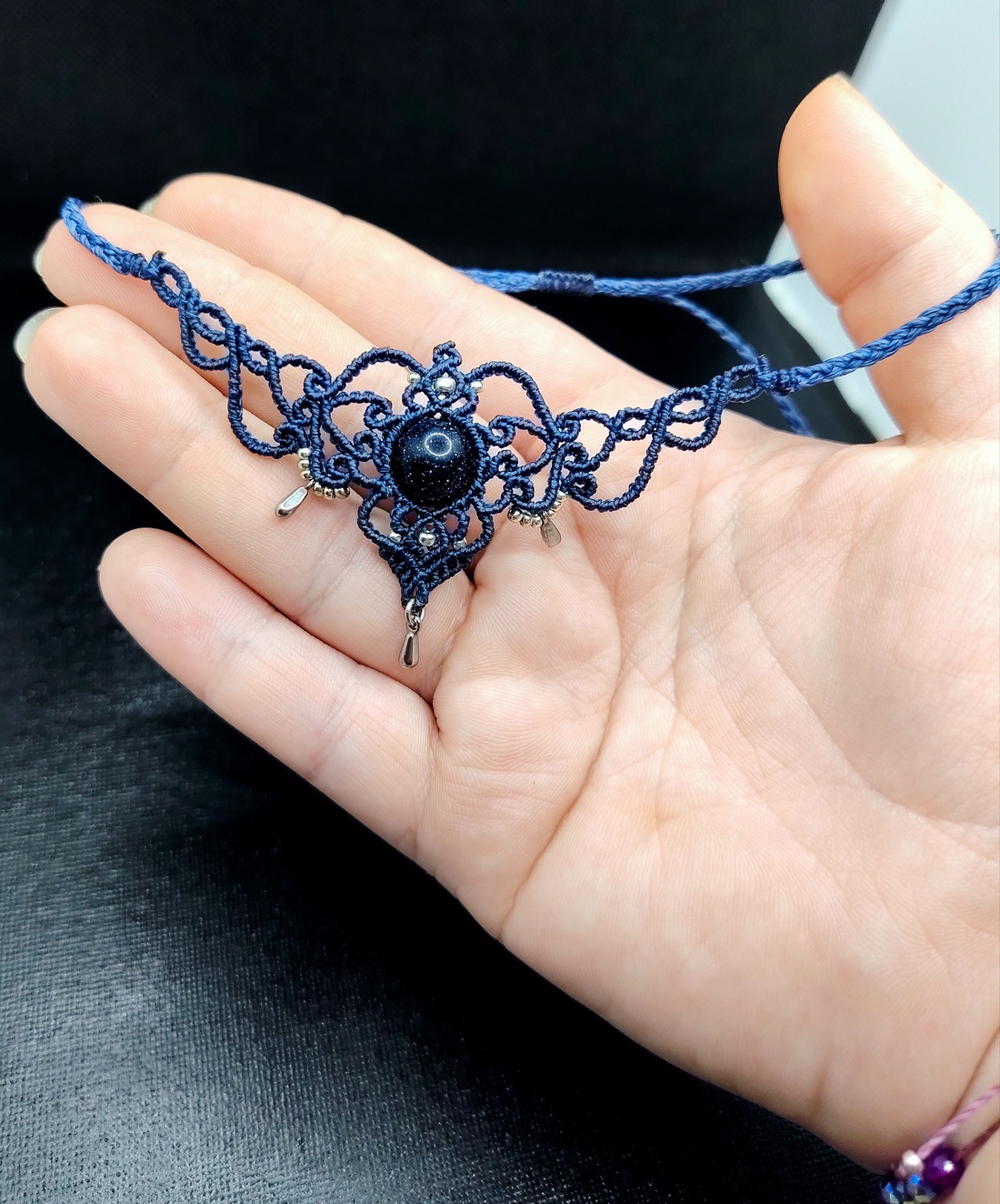 Colier Choker Albastru Delicat Micromacrame Cu Piatra Soarelui  - bijuterii - coliere - chockere - Artynos.ro