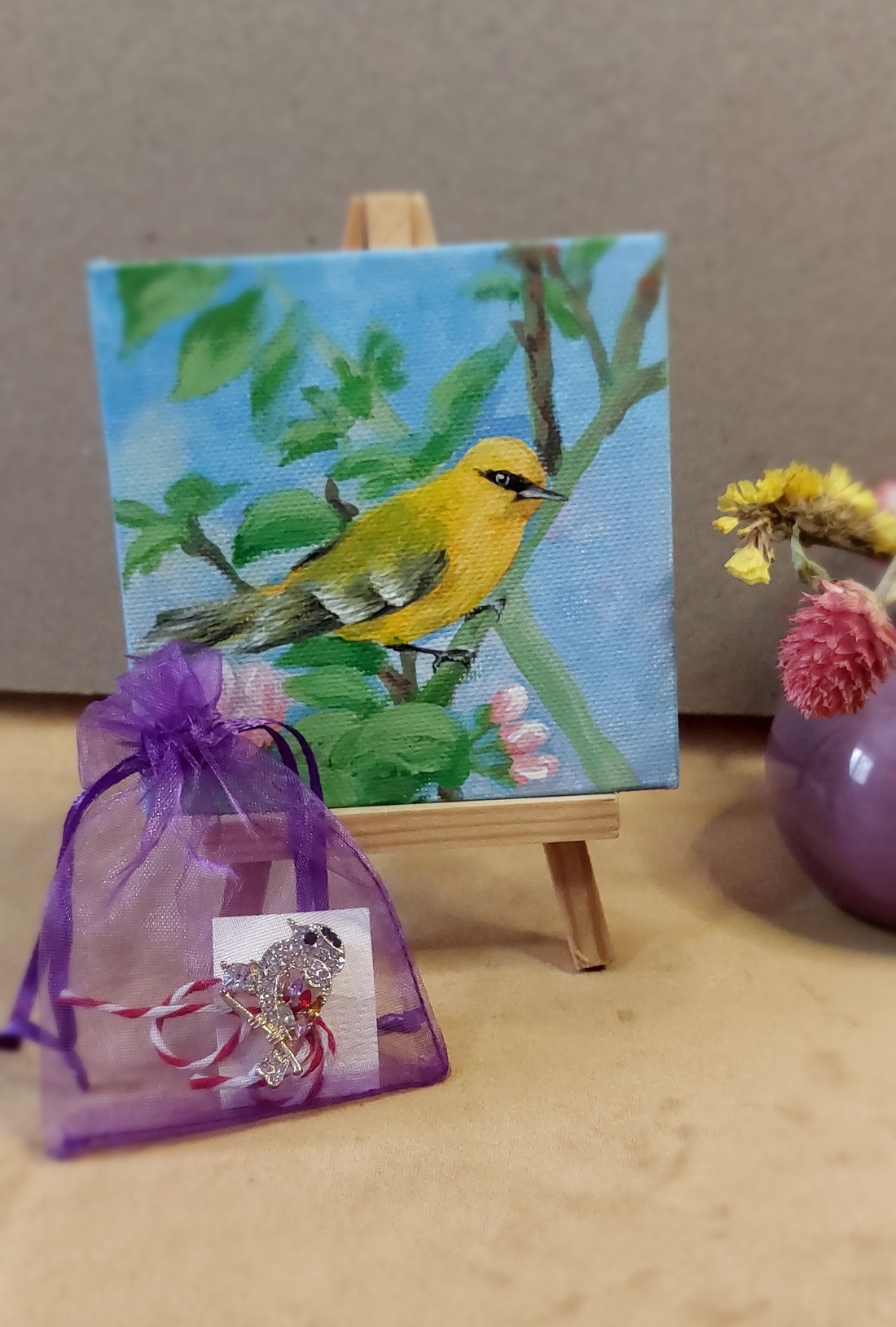 Mărțișor pasăre primăvara  - arte vizuale și accesorii  - picturi - pictură acrilică - Artynos.ro