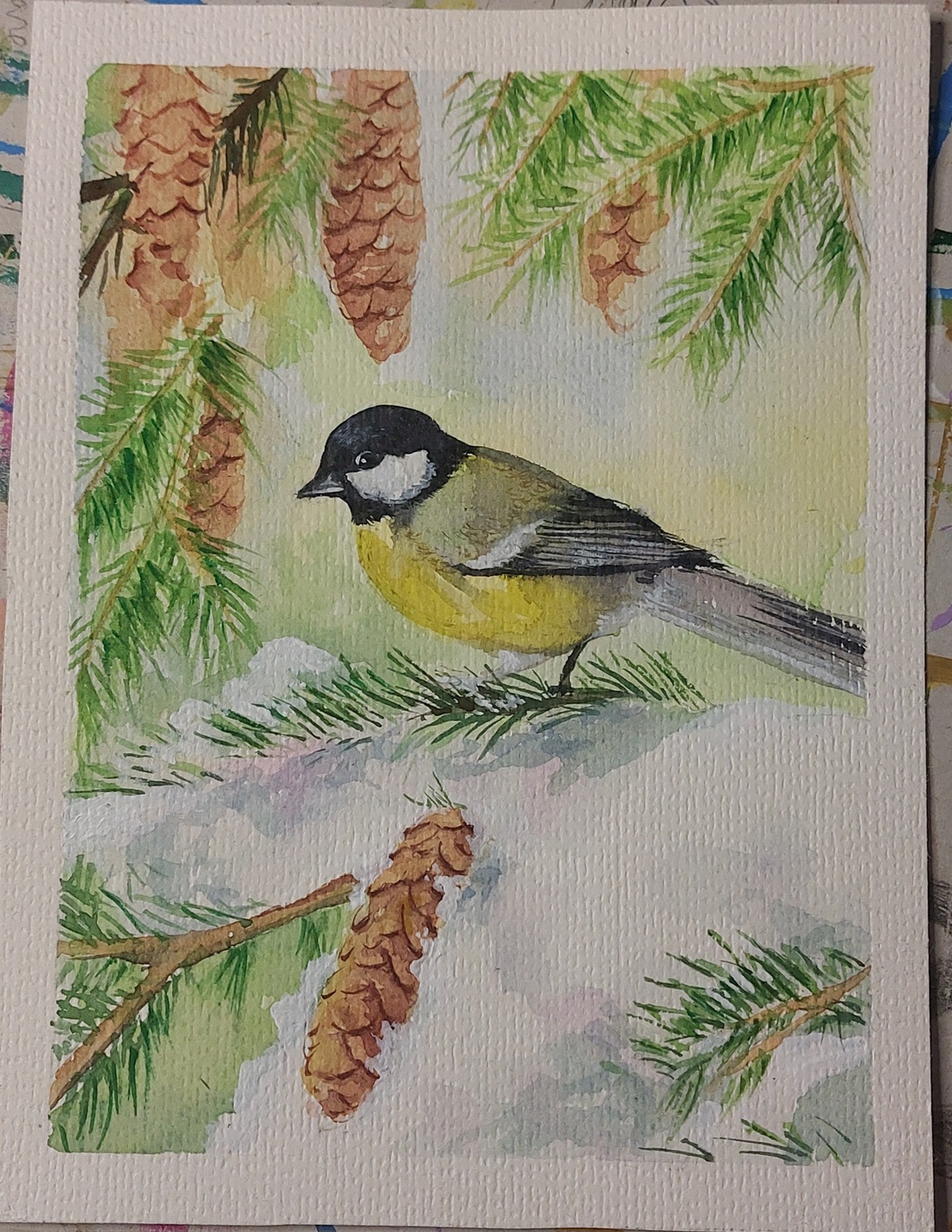 Tablou pasăre pe crenguță - arte vizuale și accesorii  - picturi - acuarele picturi - Artynos.ro