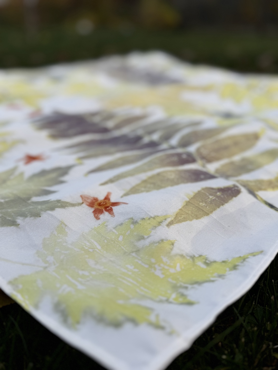 Eșarfă din mătase imprimată vegetal (cosmos, artar, sumac) - îmbrăcăminte și modă - eșarfe, pălării, fularuri - eșarfe - Artynos.ro