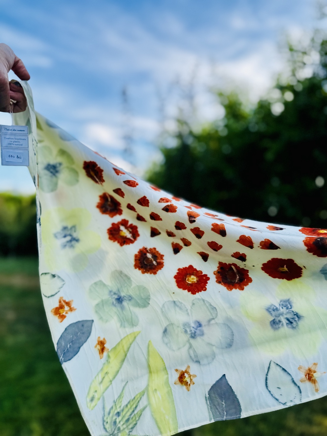 Eșarfă din mătase imprimată vegetal (hibiscus, coreopsis) - îmbrăcăminte și modă - eșarfe, pălării, fularuri - eșarfe - Artynos.ro