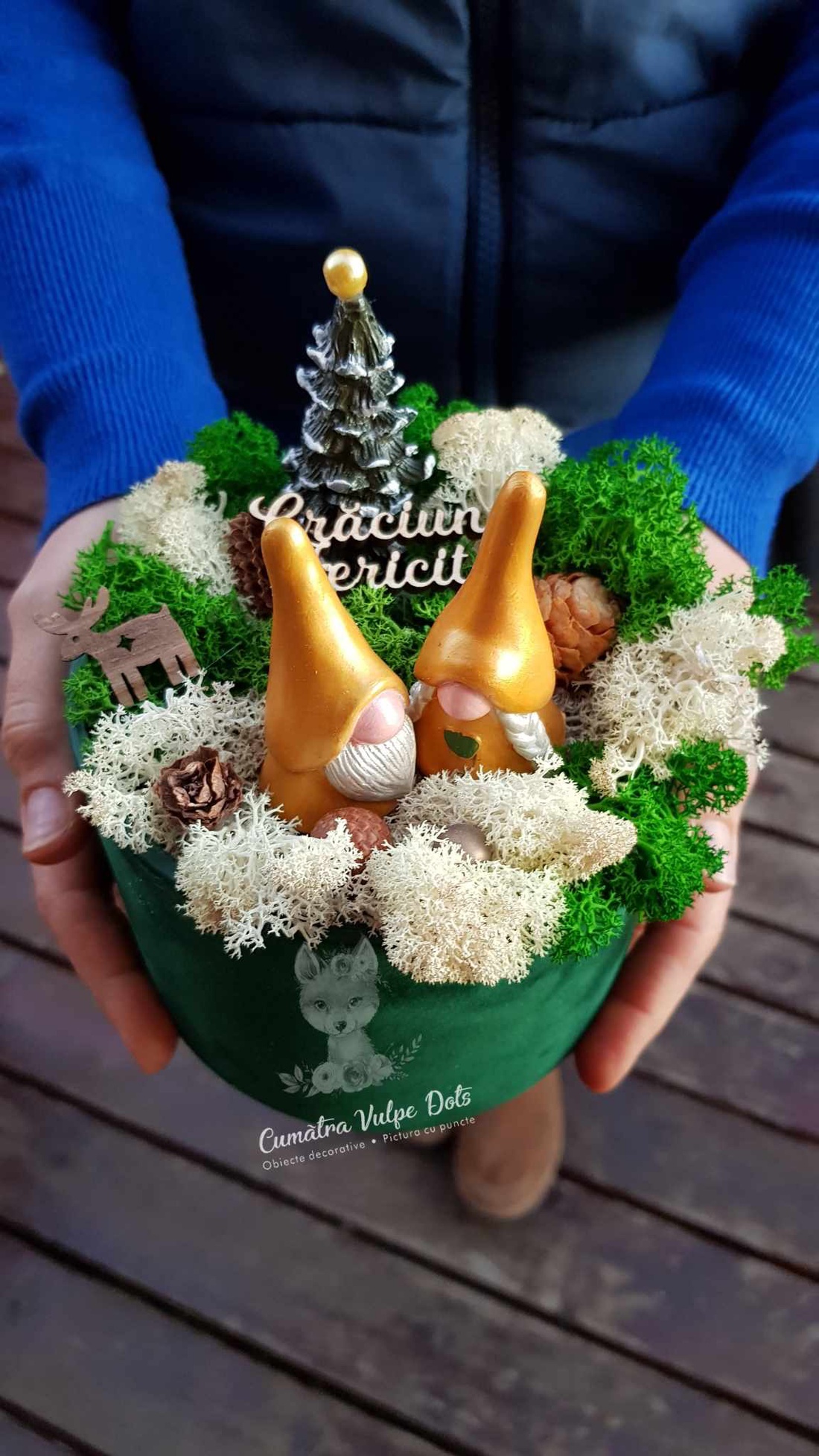 Decorațiune de iarnă cu licheni -  cu doi gnomi și brăduț în cutie de catifea - crăciun - cadouri de moș crăciun - decor cu moș crăciun - Artynos.ro