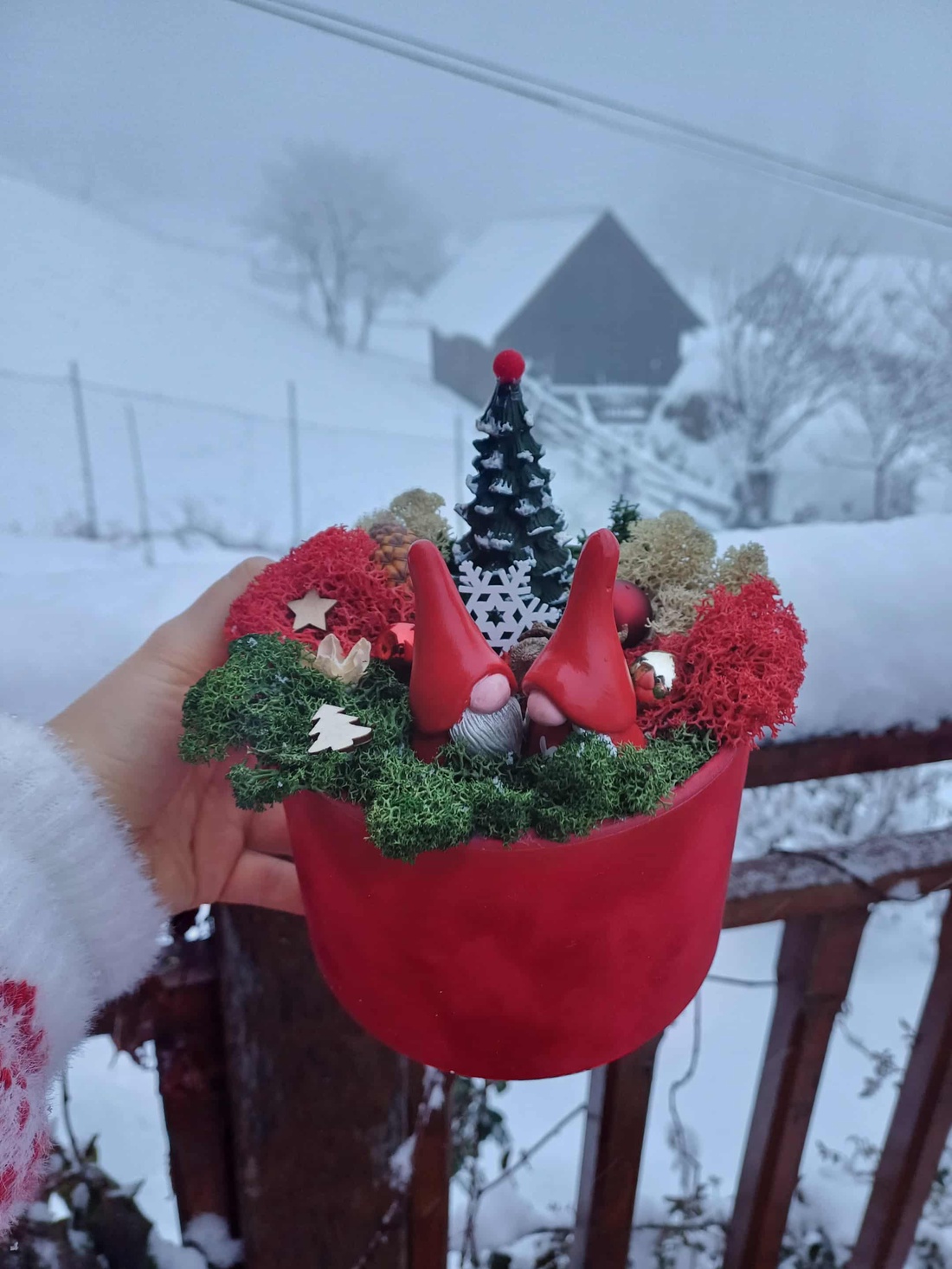 Decorațiune de iarnă cu licheni -  cu doi gnomi și brăduț în cutie de catifea - crăciun - cadouri de moș crăciun - decor cu moș crăciun - Artynos.ro