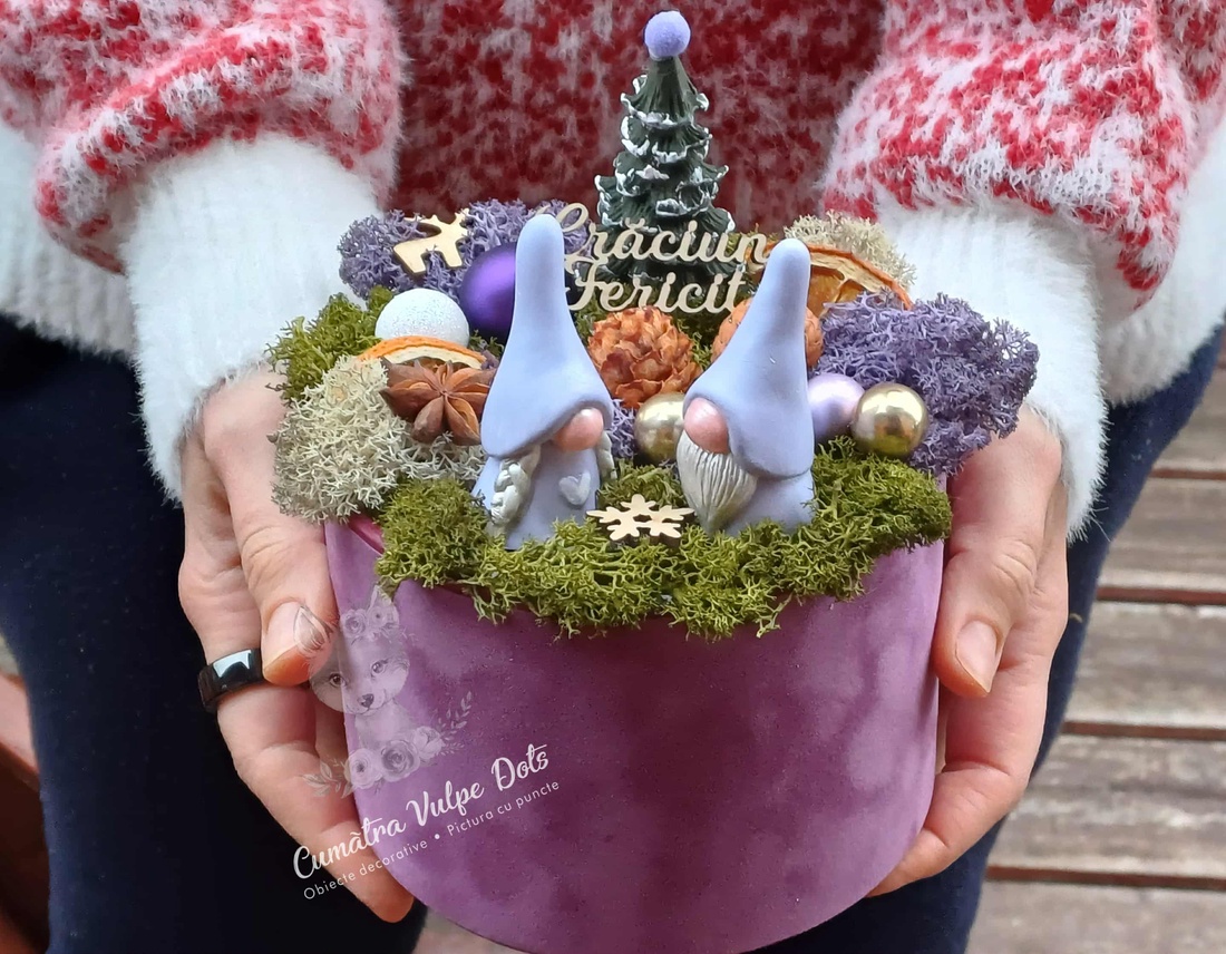 Decorațiune de iarnă cu licheni -  cu doi gnomi și brăduț în cutie de catifea mov - crăciun - cadouri de moș crăciun - decor cu moș crăciun - Artynos.ro