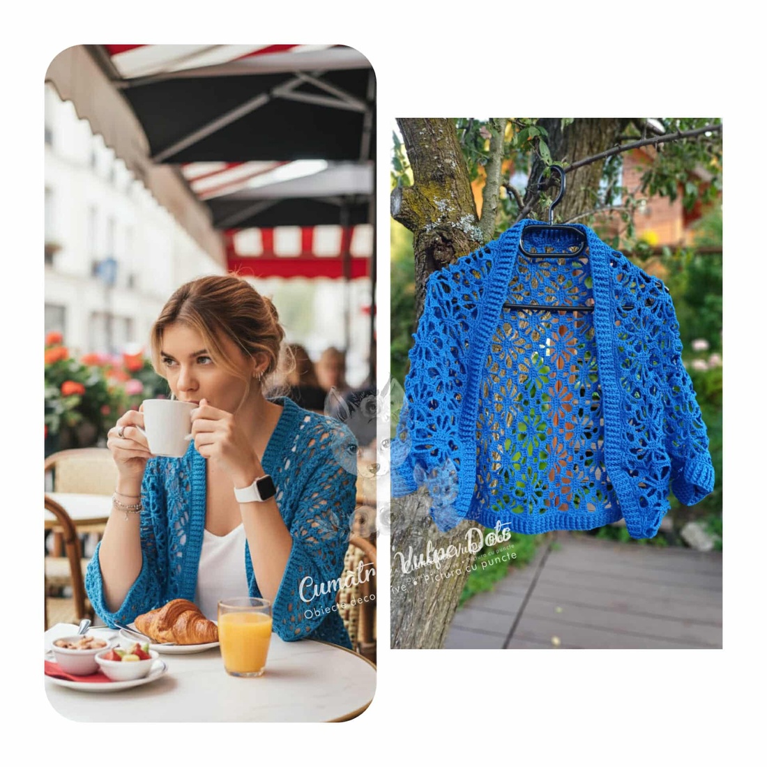 Cardigan croșetat manual, din fire naturale, albastru - îmbrăcăminte și modă - haine damă - hanorace, cardigane - Artynos.ro