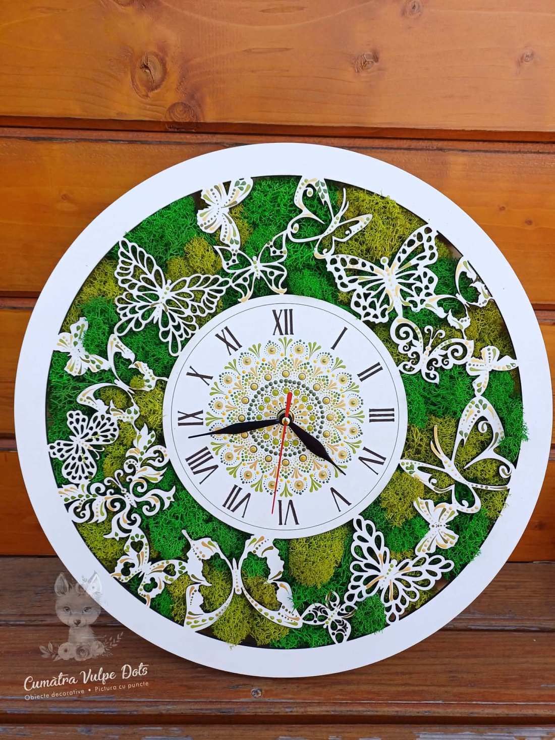 Ceas de perete cu licheni stabilizati și pictură cu techica punctului 40 cm - casă & stil de viață - decorațiuni de casă - decorațiuni de pereți - decorațiuni cu licheni - Artynos.ro