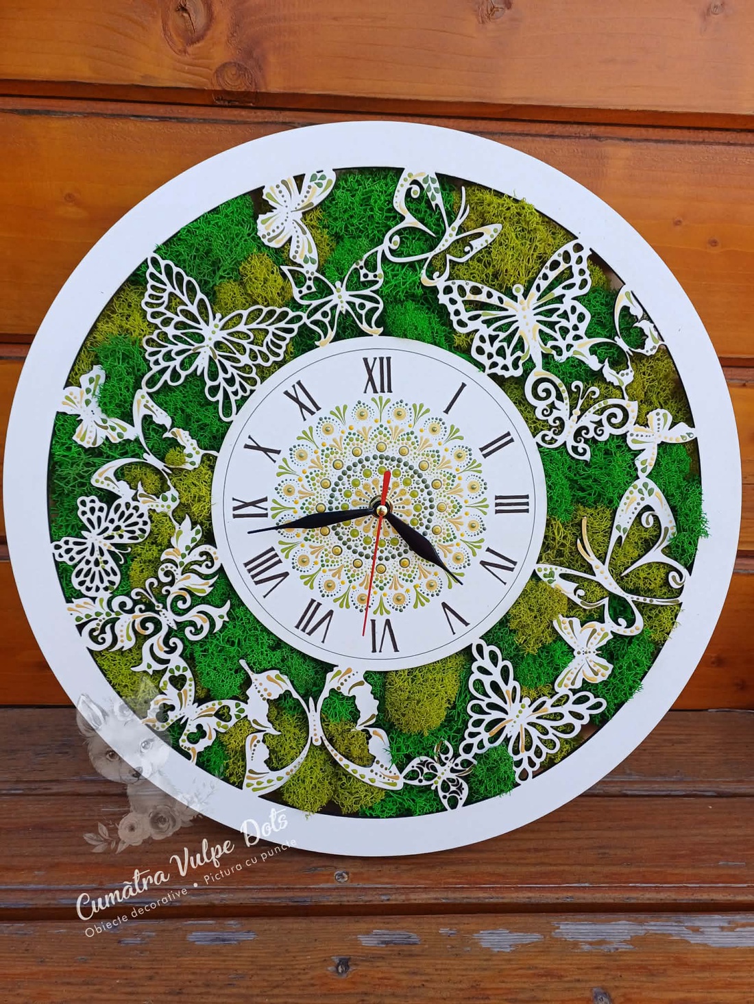 Ceas de perete cu licheni stabilizati și pictură cu techica punctului 40 cm - casă & stil de viață - decorațiuni de casă - decorațiuni de pereți - decorațiuni cu licheni - Artynos.ro